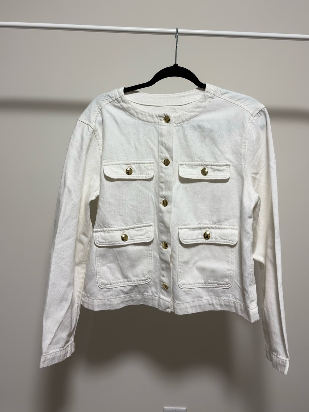 H&M White Collarless Denim Utility Jacket